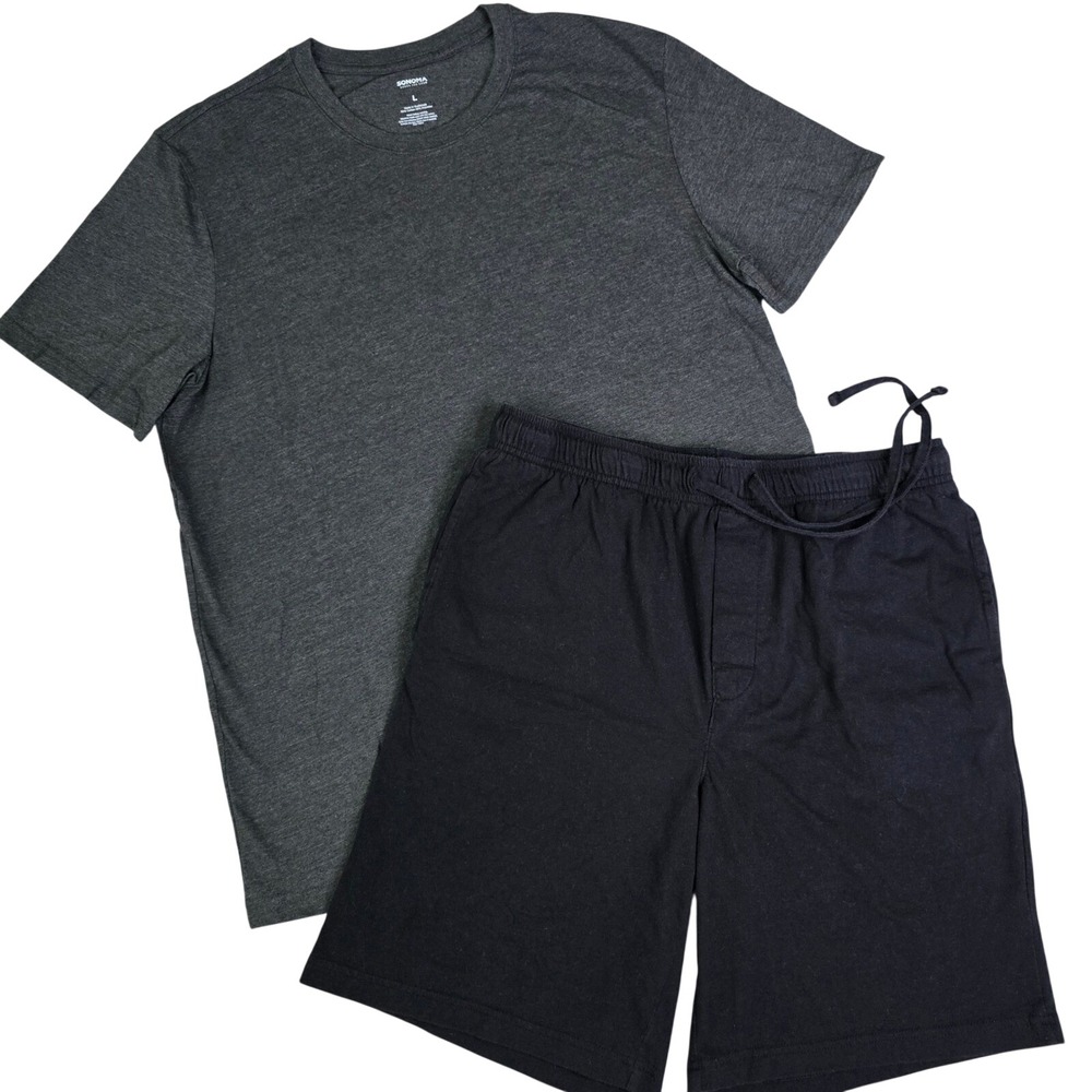 Sonoma Mens Lounge Pajama Set‎ Gray T-Shirt Sz L Black Shorts Sz Med Loungewear
